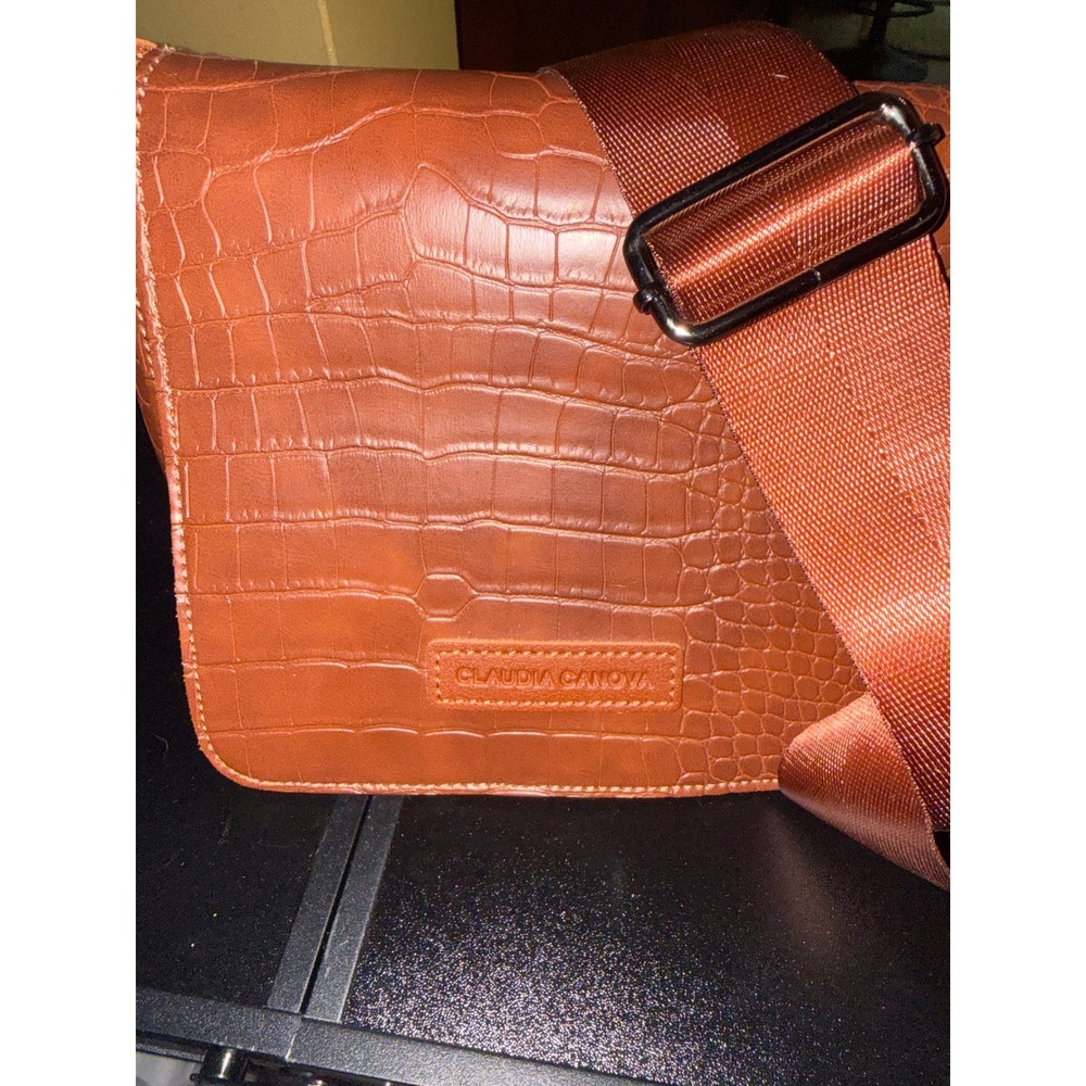 Claudia Canova Cognac Brown Croc Embossed‎ Crossbody Bag Webbed Strap Messenger